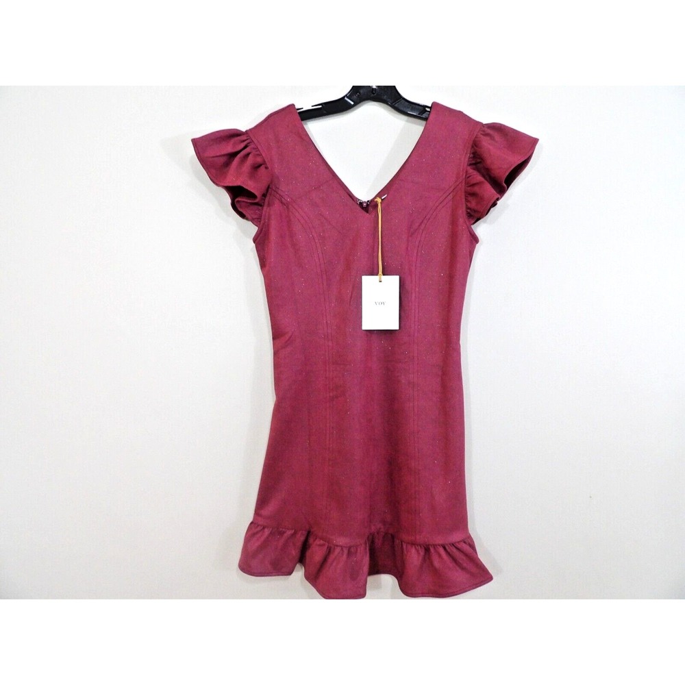 VOY Sydney Dress Women M Burgundy Ruffle Sleeve V-Neck Mini Dress Faux Leather